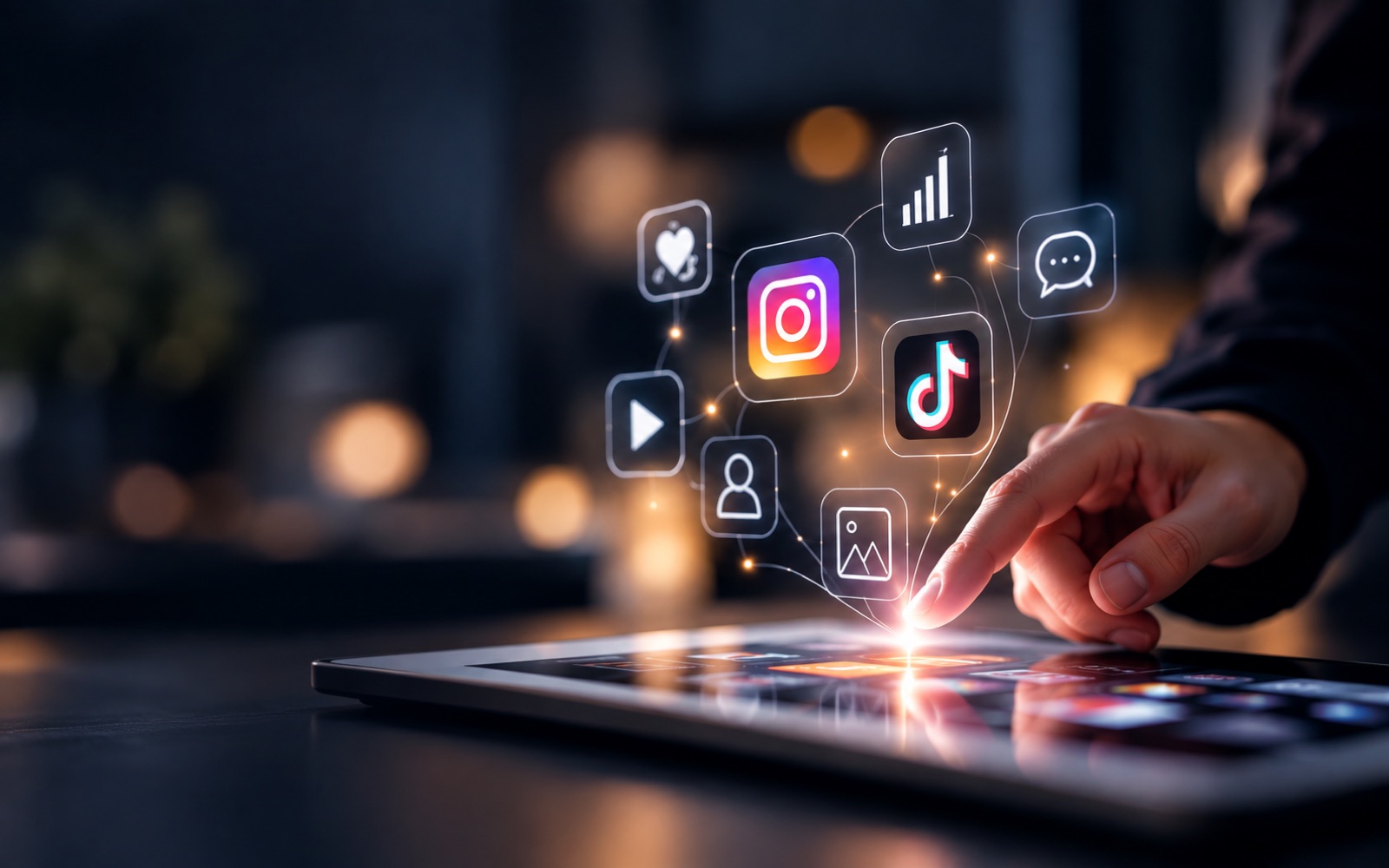 Smartphone-Bildschirm mit Social-Media-App-Icons wie Instagram, WhatsApp und LinkedIn