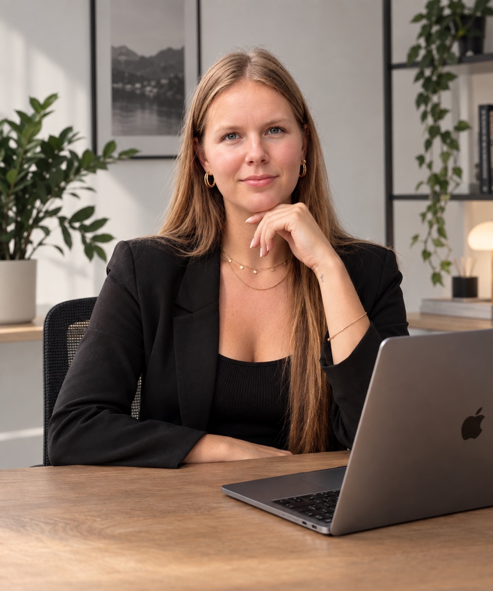 Tanja, Gründerin von Webschmiede, am Schreibtisch mit Laptop